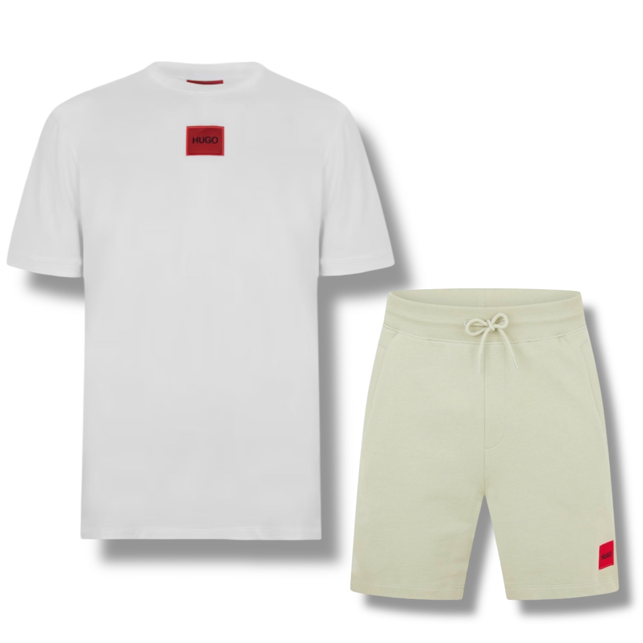 HUGO BOSS HUGO RED PATCH T-SHIRT & JERSEY SHORTS SET WHITE & LIGHT GREEN