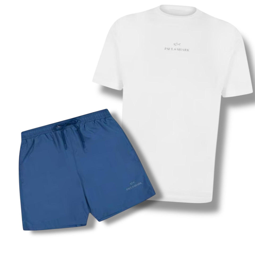 PAUL & SHARK T-SHIRT & SWIM SHORTS COMBO WHITE & BLUE