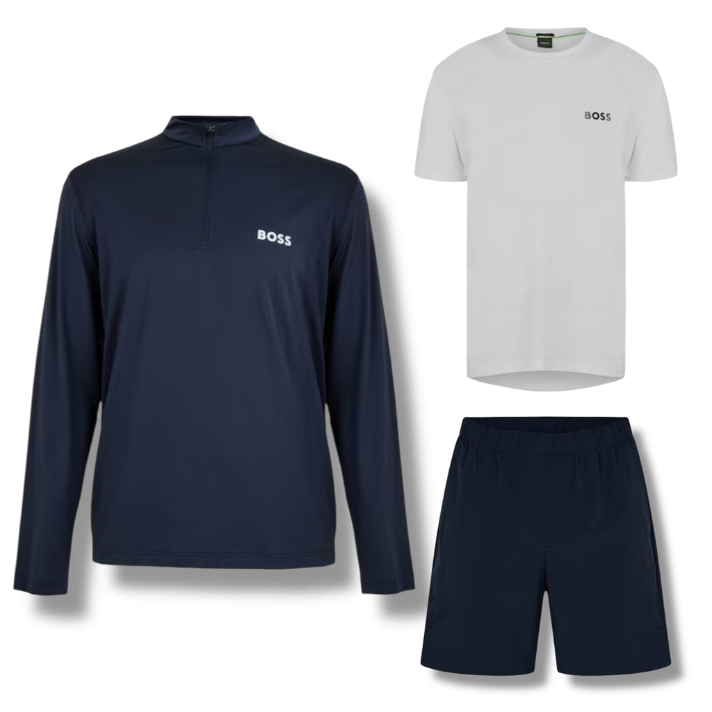 HUGO BOSS GYM KIT TRIPLE SET TECH 1/4 ZIP - T-SHIRT & SHORTS NAVY & WHITE