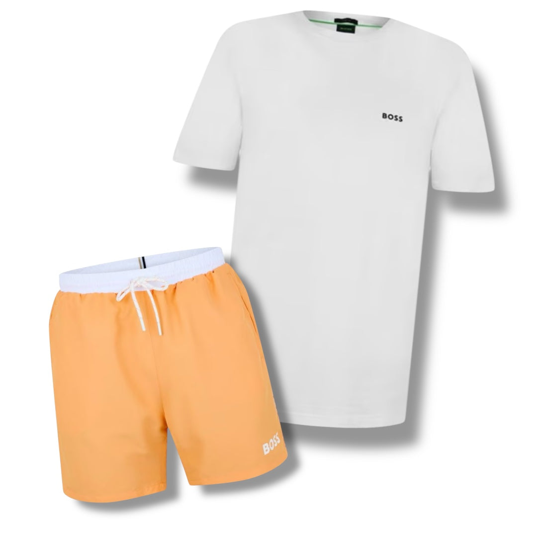 HUGO BOSS SMALL LOGO T-SHIRT & SWIM SHORTS COMBO WHITE / ORANGE