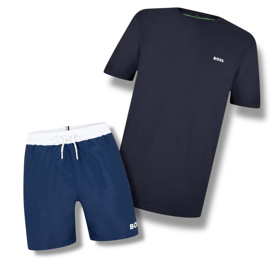 HUGO BOSS SMALL LOGO T-SHIRT & SWIM SHORTS COMBO NAVY BLUE