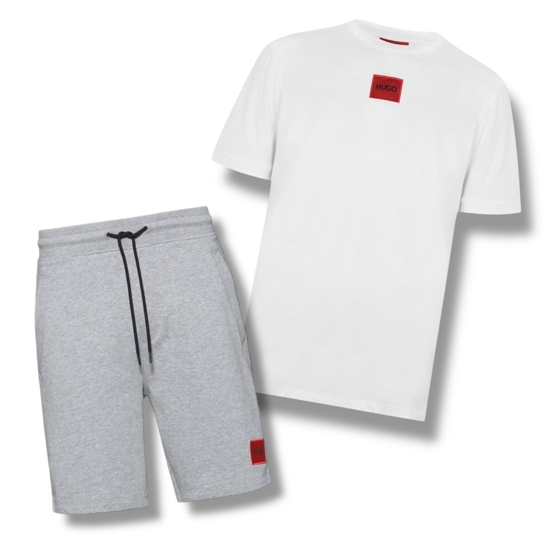 HUGO BOSS HUGO RED PATCH T-SHIRT & JERSEY SHORTS SET WHITE & LIGHT GREY