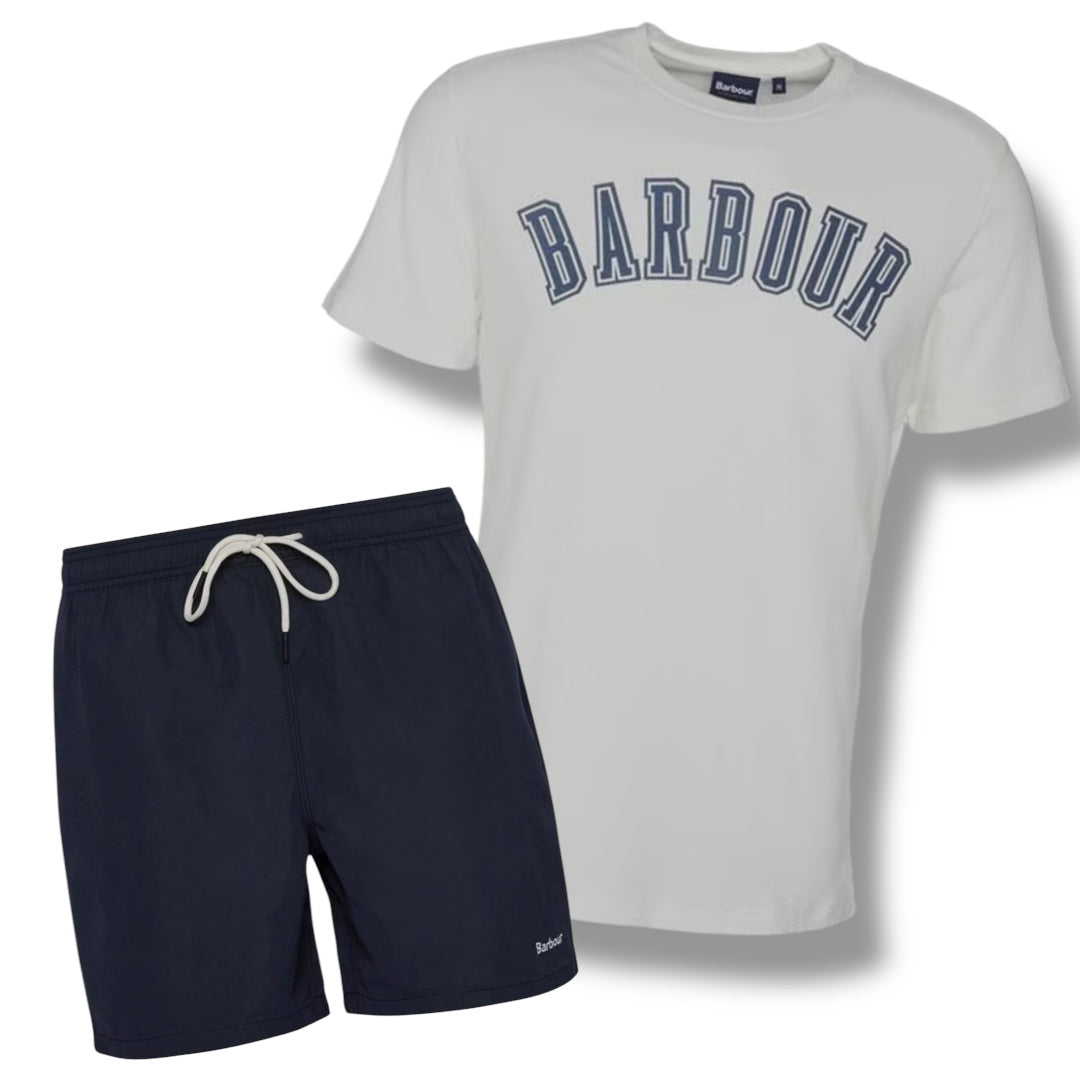 BARBOUR BIG LOGO T-SHIRT & SWIM SHORTS COMBO WHITE - BLACK