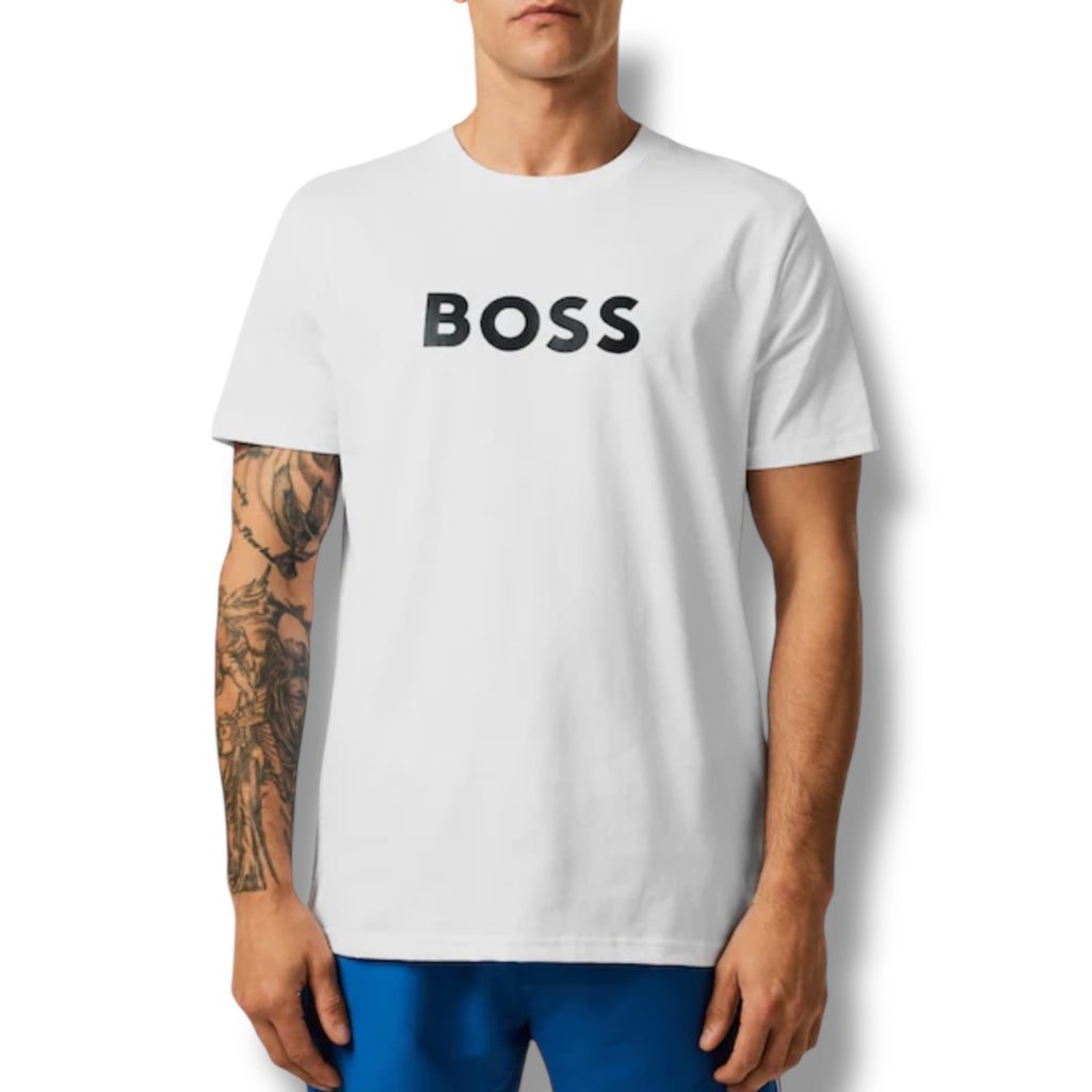 HUGO BOSS BIG LOGO T-SHIRT & SWIM SHORTS COMBO WHITE & LIGHT BLUE