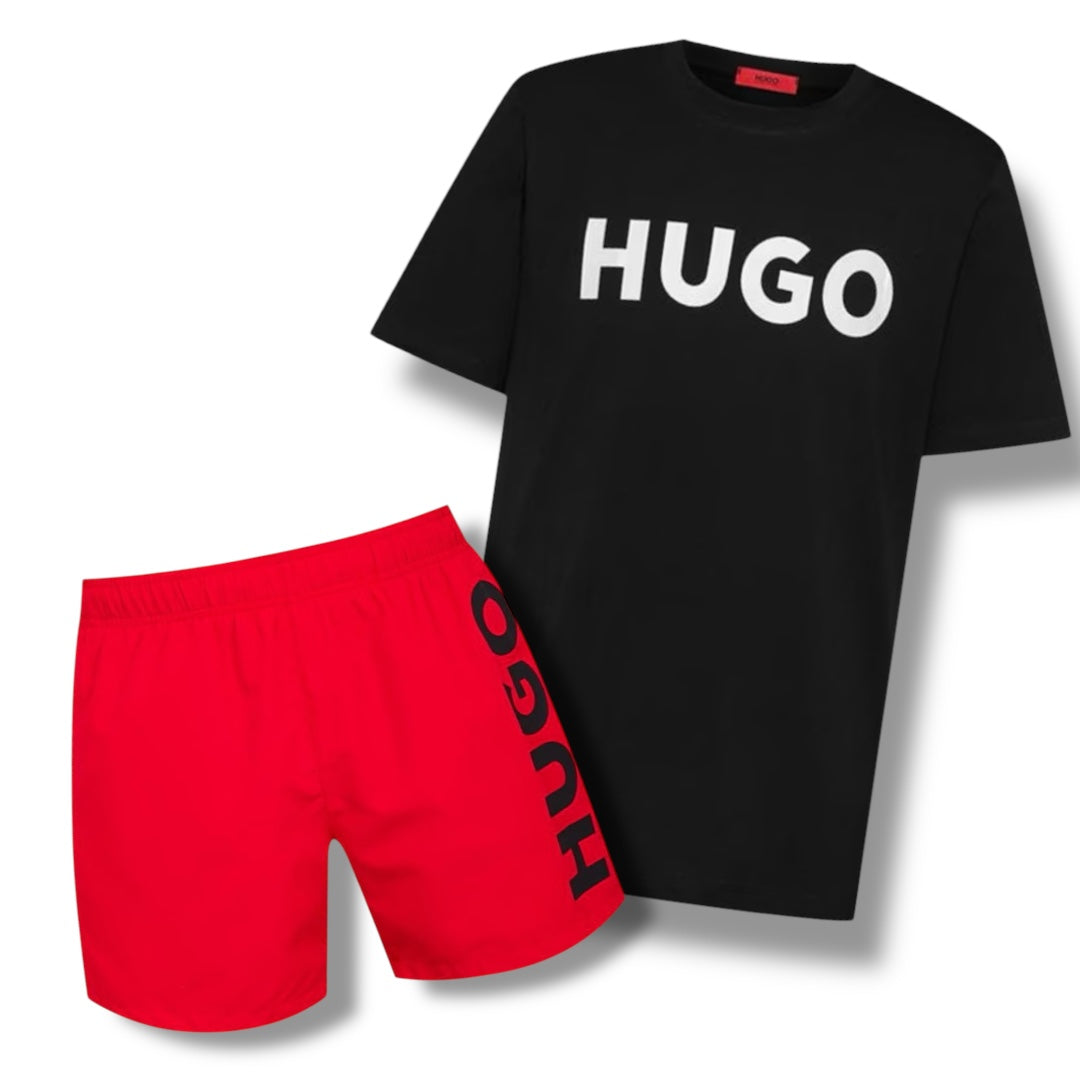 HUGO BIG LOGOT-SHIRT & VERTI SWIM SHORTS COMBO BLACK / RED