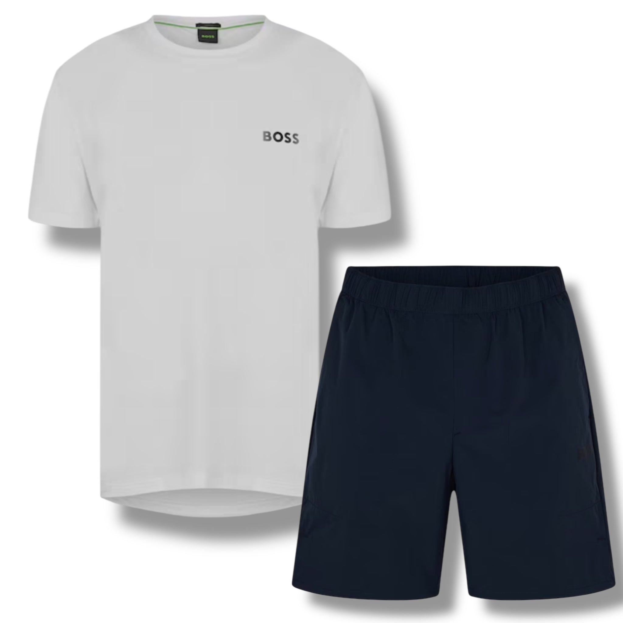 HUGO BOSS GYM KIT TECH T-SHIRT & SHORTS WHITE & NAVY BLUE