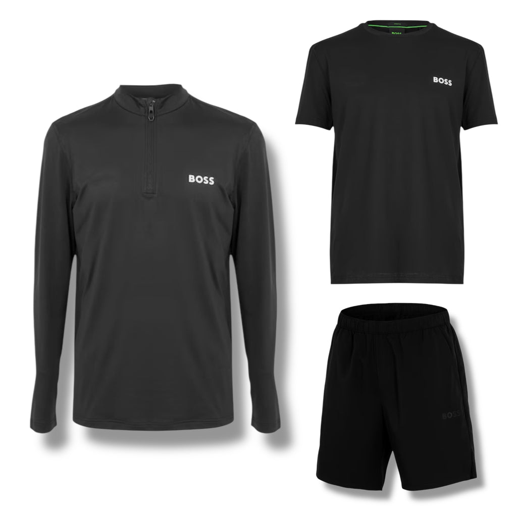 HUGO BOSS GYM KIT TRIPLE SET TECH 1/4 ZIP - T-SHIRT & SHORTS BLACK