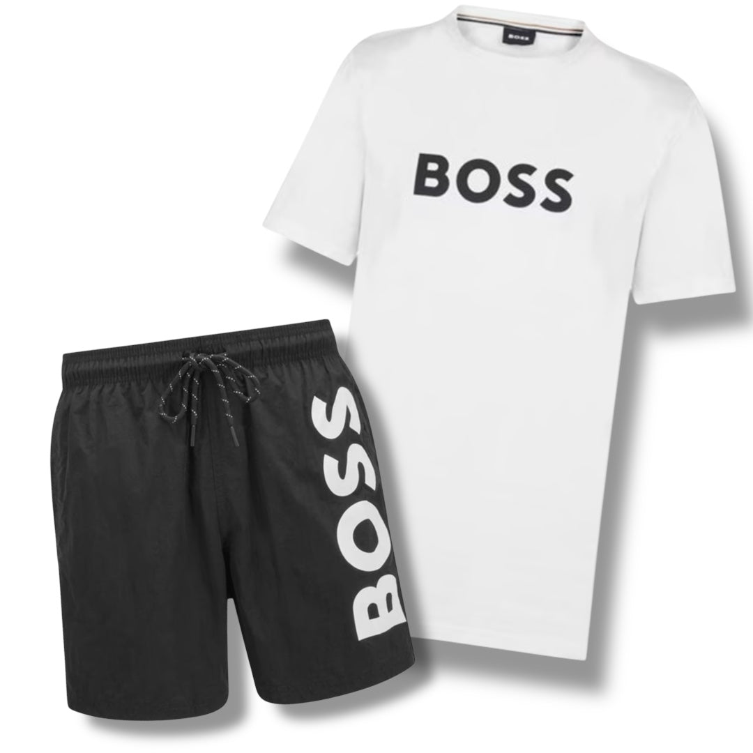 HUGO BOSS BIG LOGO T-SHIRT & VERTI SWIM SHORTS COMBO WHITE / BLACK