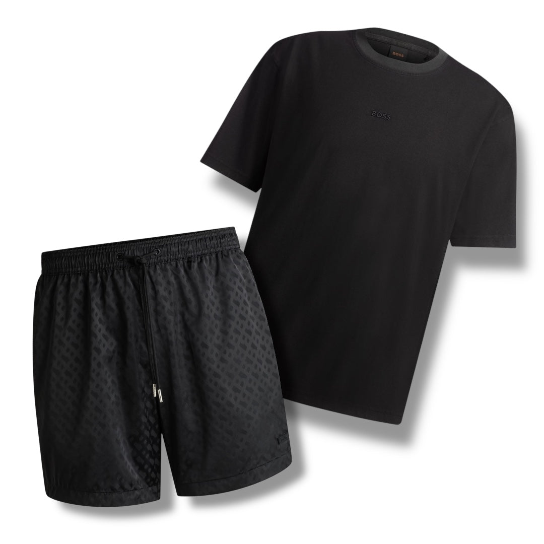 HUGO BOSS CENTRE LOGO T-SHIRT & ALL OVER LOGO SWIM SHORTS SET BLACK