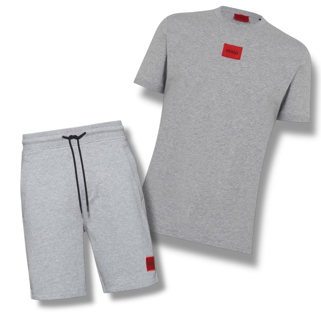 HUGO BOSS HUGO RED PATCH T-SHIRT & JERSEY SHORTS SET LIGHT GREY