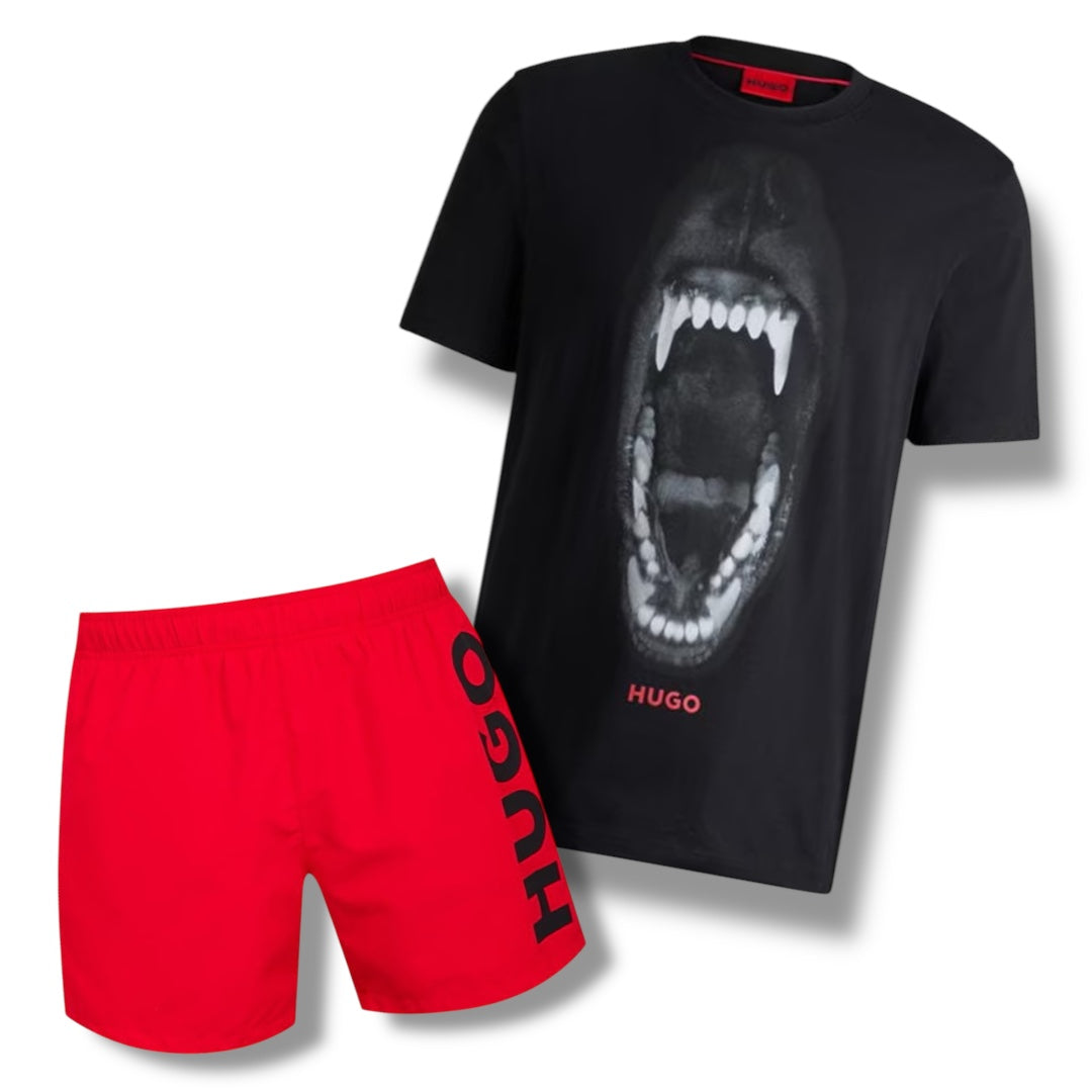 HUGO TEETH T-SHIRT & SWIM VERTI SHORTS COMBO BLACK / RED