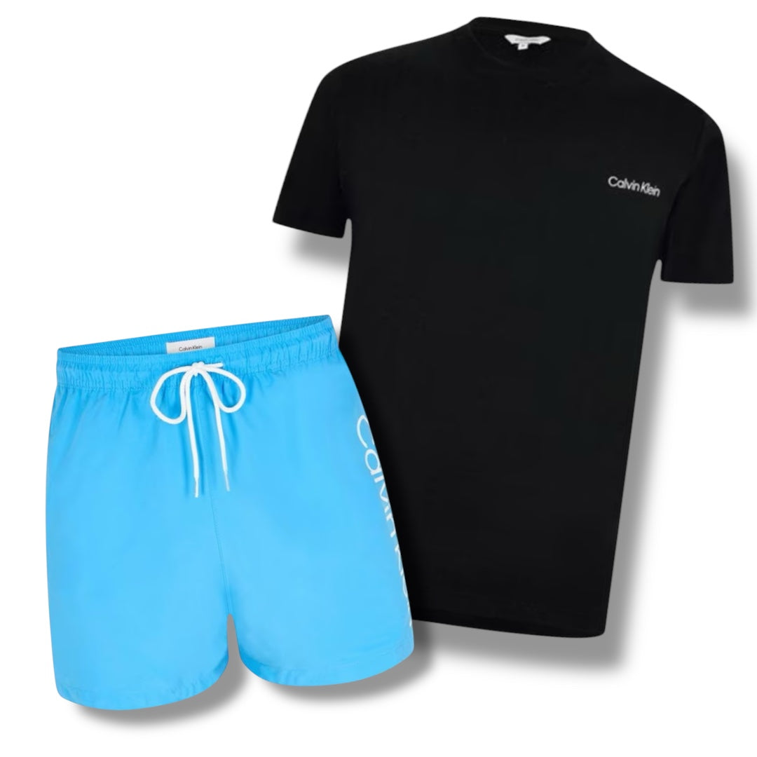 CALVIN KLEIN T-SHIRT & SWIM SHORTS COMBO BLACK / BRIGHT BLUE