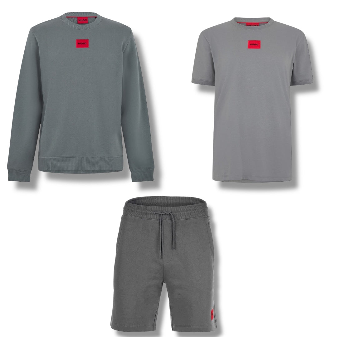 HUGO BOSS HUGO RED PATCH SWEATSHIRT - T-SHIRT & JERSEY SHORTS TRIPLE SET SLATE GREY