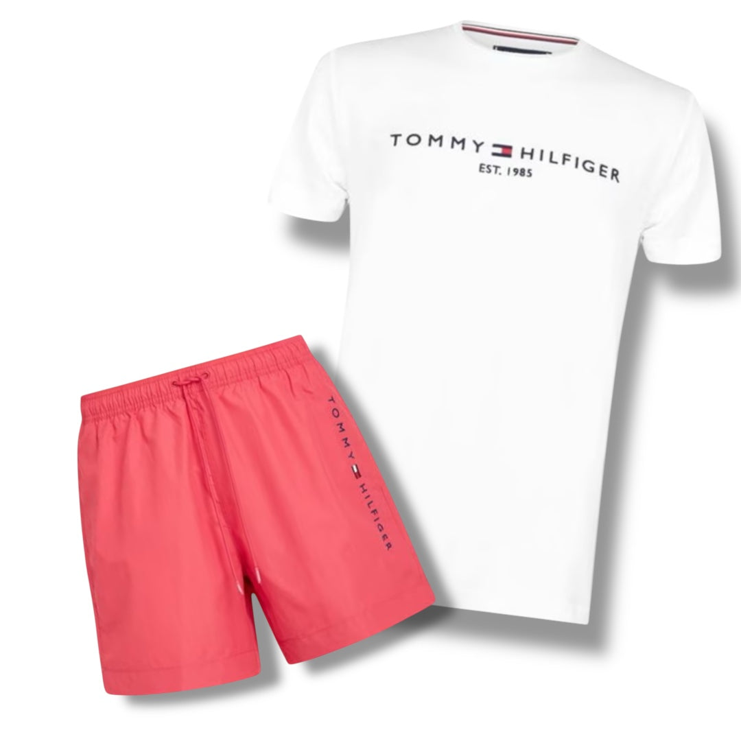 TOMMY HILFIGER EMBROIDERED LOGO T-SHIRT & SWIM SHORTS COMBO WHITE / CORAL