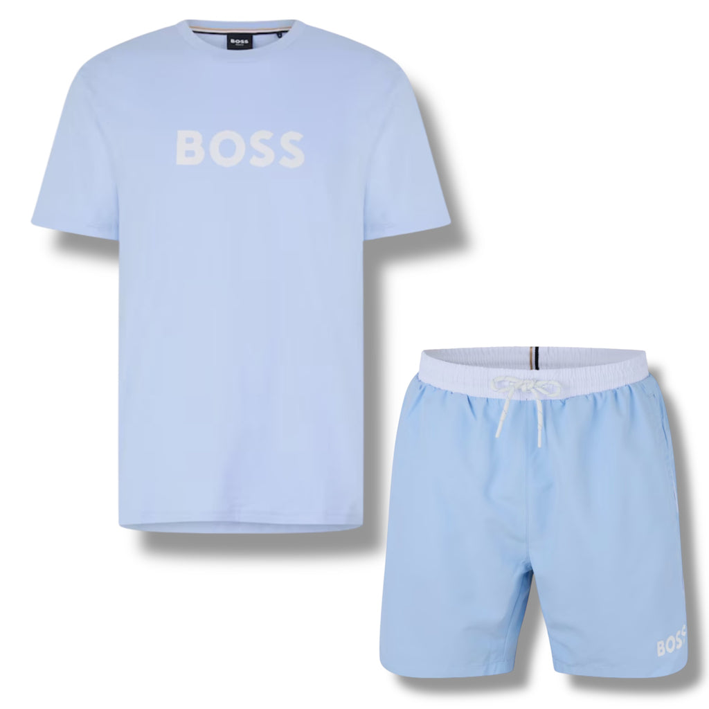 HUGO BOSS BIG LOGO T-SHIRT & SWIM SHORTS COMBO LIGHT BLUE