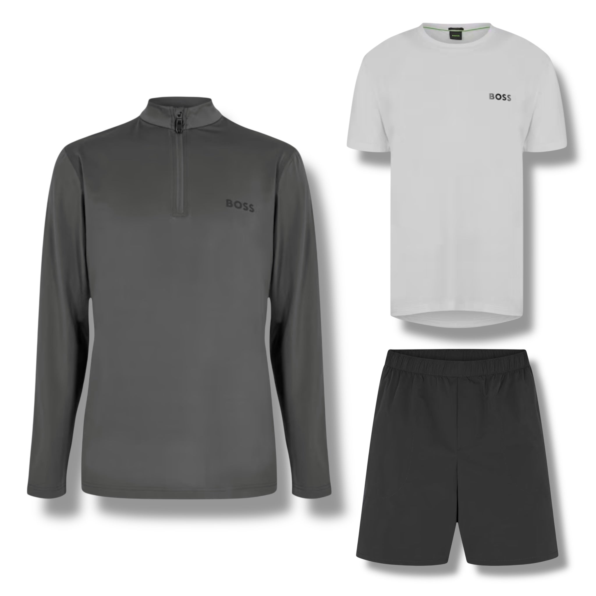 HUGO BOSS GYM KIT TRIPLE SET TECH 1/4 ZIP - T-SHIRT & SHORTS GREY & WHITE