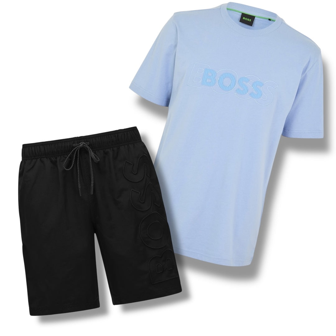 HUGO BOSS EMBROIDERED LOGO T-SHIRT & VERTI SWIM SHORTS SET LIGHT BLUE & BLACK