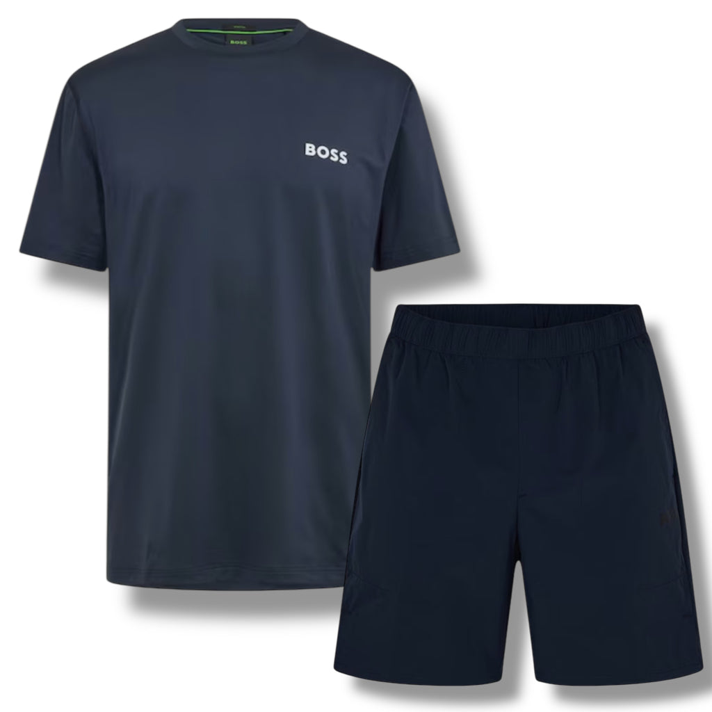 HUGO BOSS GYM KIT TECH T-SHIRT & SHORTS NAVY BLUE