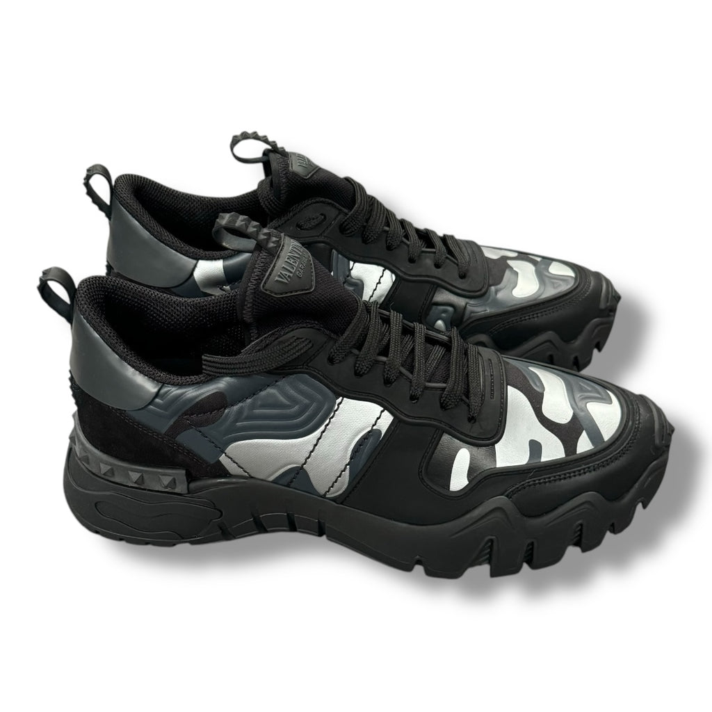 VALENTINO ROCKRUNNER STUD TRAINERS METALLIC BLACK GREY CAMO