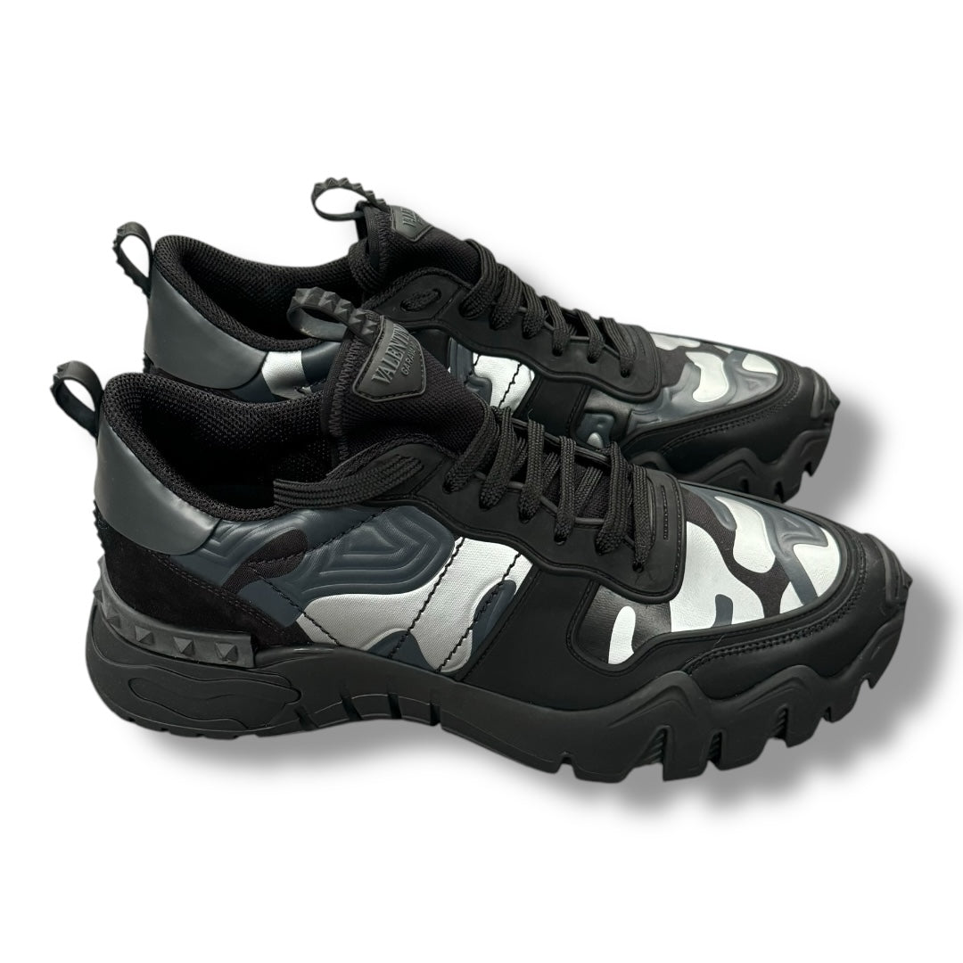 VALENTINO ROCKRUNNER STUD TRAINERS METALLIC BLACK GREY CAMO