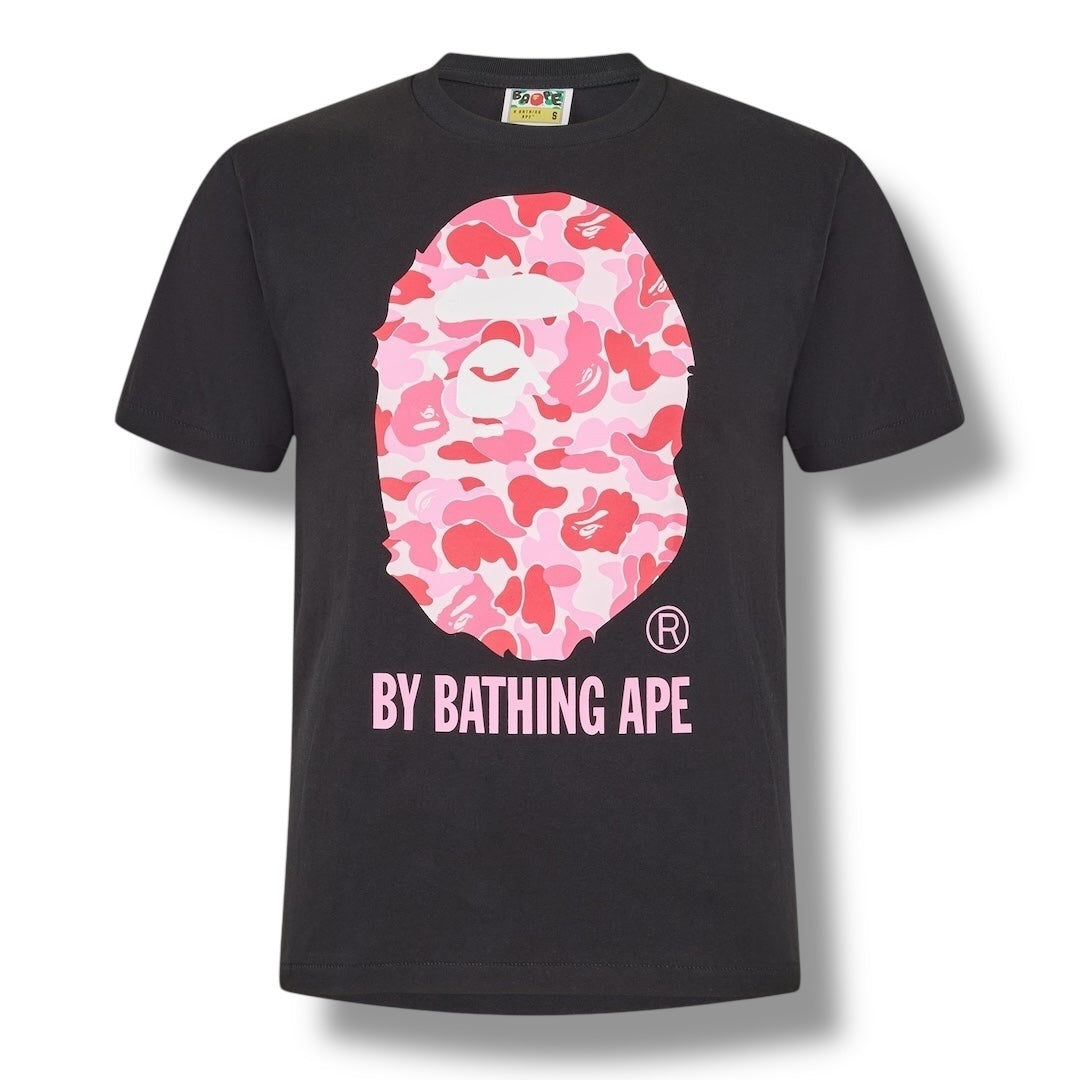 A BATHING APE BAPE CAMO HEAD T-SHIRT BLACK / PINK