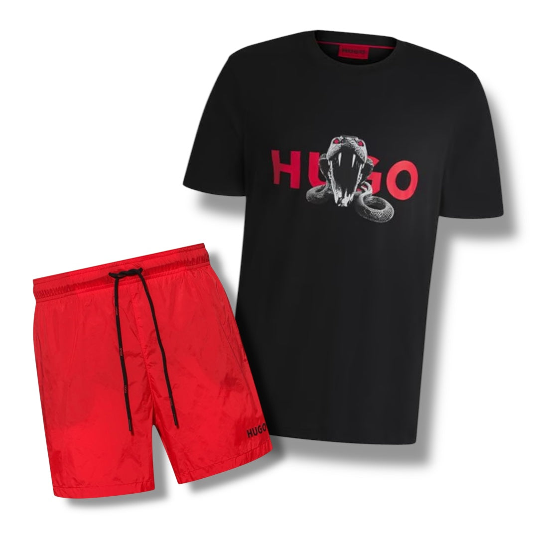 HUGO SNAKE T-SHIRT & SWIM SHORTS COMBO BLACK / RED