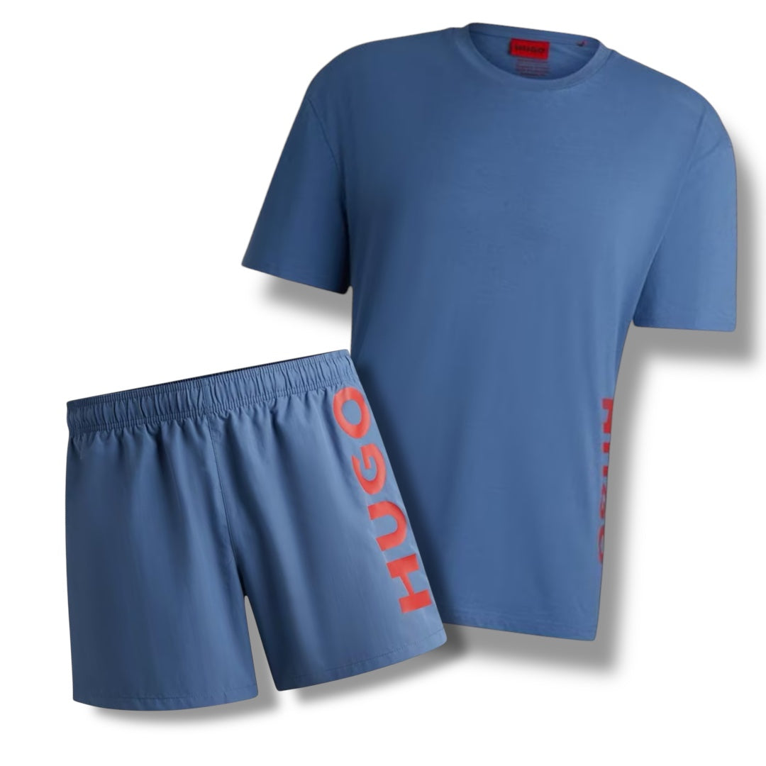 HUGO VERTI LOGO T-SHIRT & VERTI SWIM SHORTS COMBO BLUE / RED