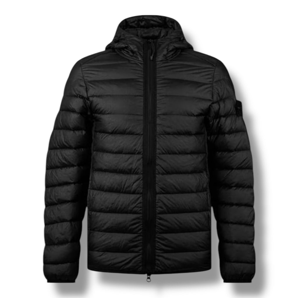 STONE ISLAND LOOM WOVEN HOODED PUFFER JACKET BLACK
