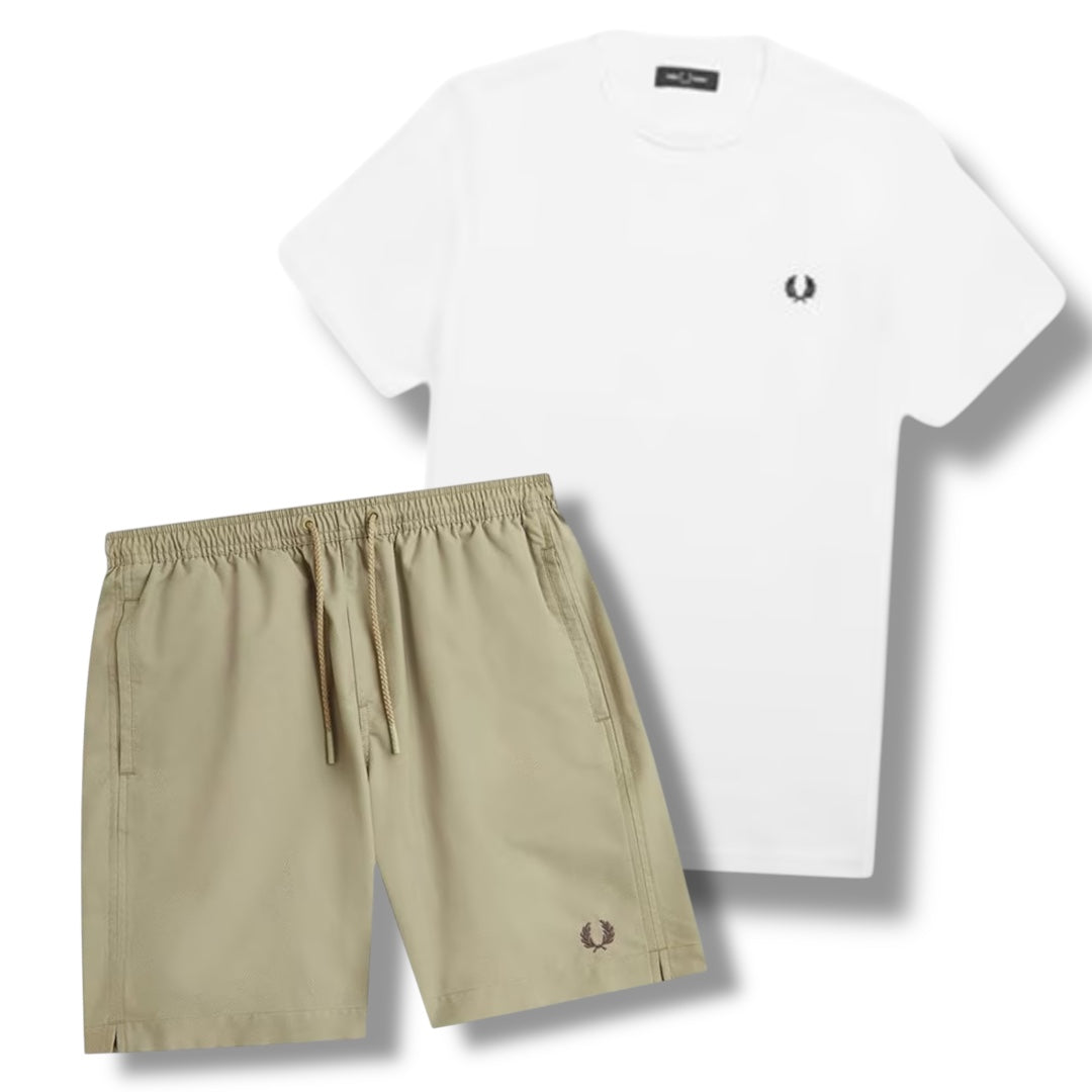 FRED PERRY T-SHIRT & SWIM SHORTS COMBO WHITE / BEIGE