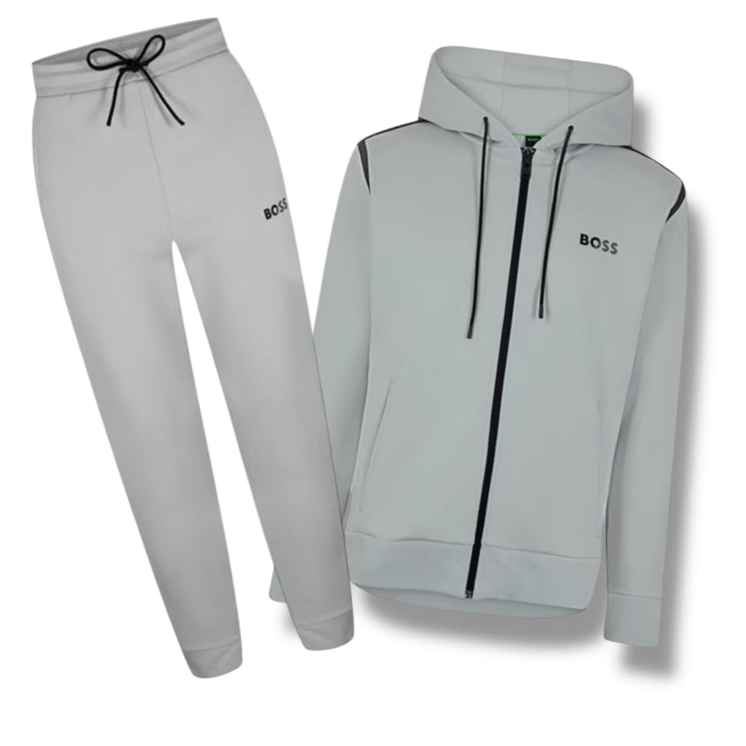 HUGO BOSS X TECH FULL ZIP HOODED TRACKSUIT LIGHT GREY