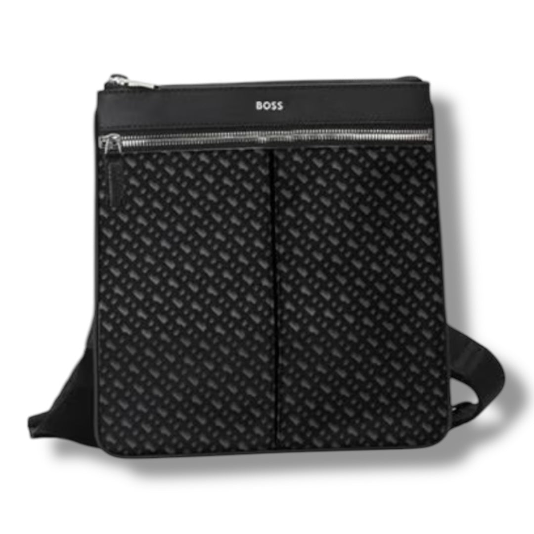 HUGO BOSS MONOGRAM ENVELOPE CROSS BODY BAG BLACK