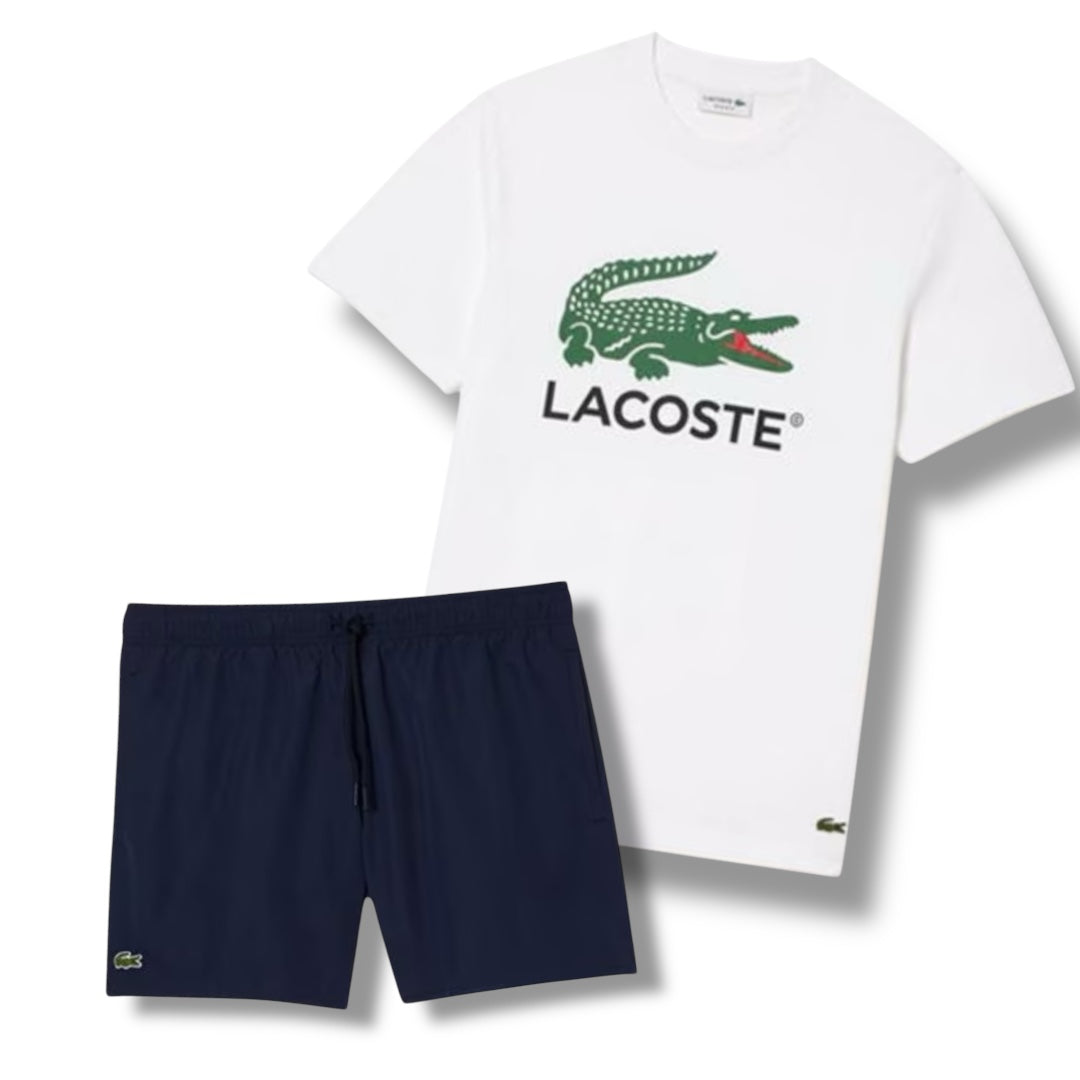 LACOSTE BIG CROC LOGO T-SHIRT & SWIM SHORTS COMBO WHITE / NAVY