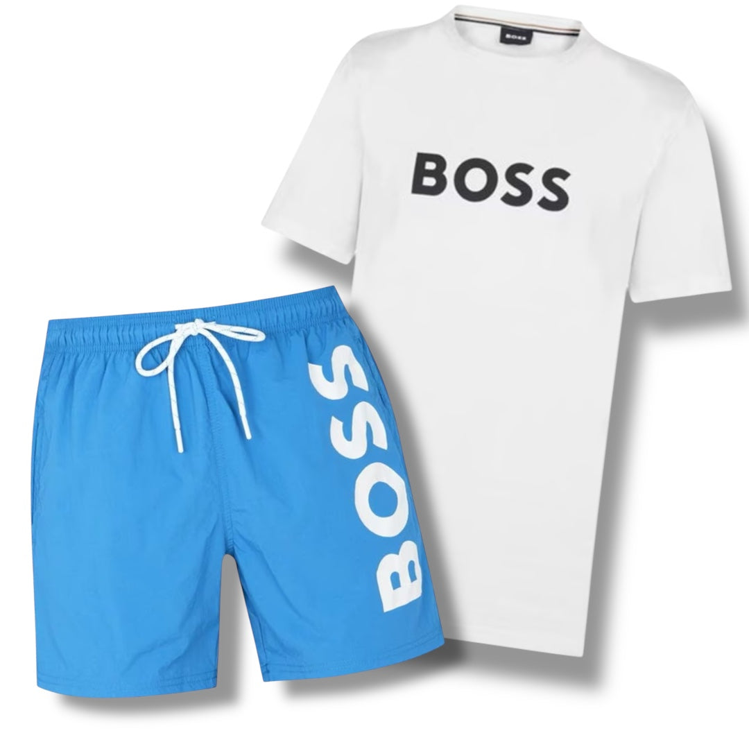 HUGO BOSS BIG LOGO T-SHIRT & VERTI SWIM SHORTS COMBO WHITE / BLUE