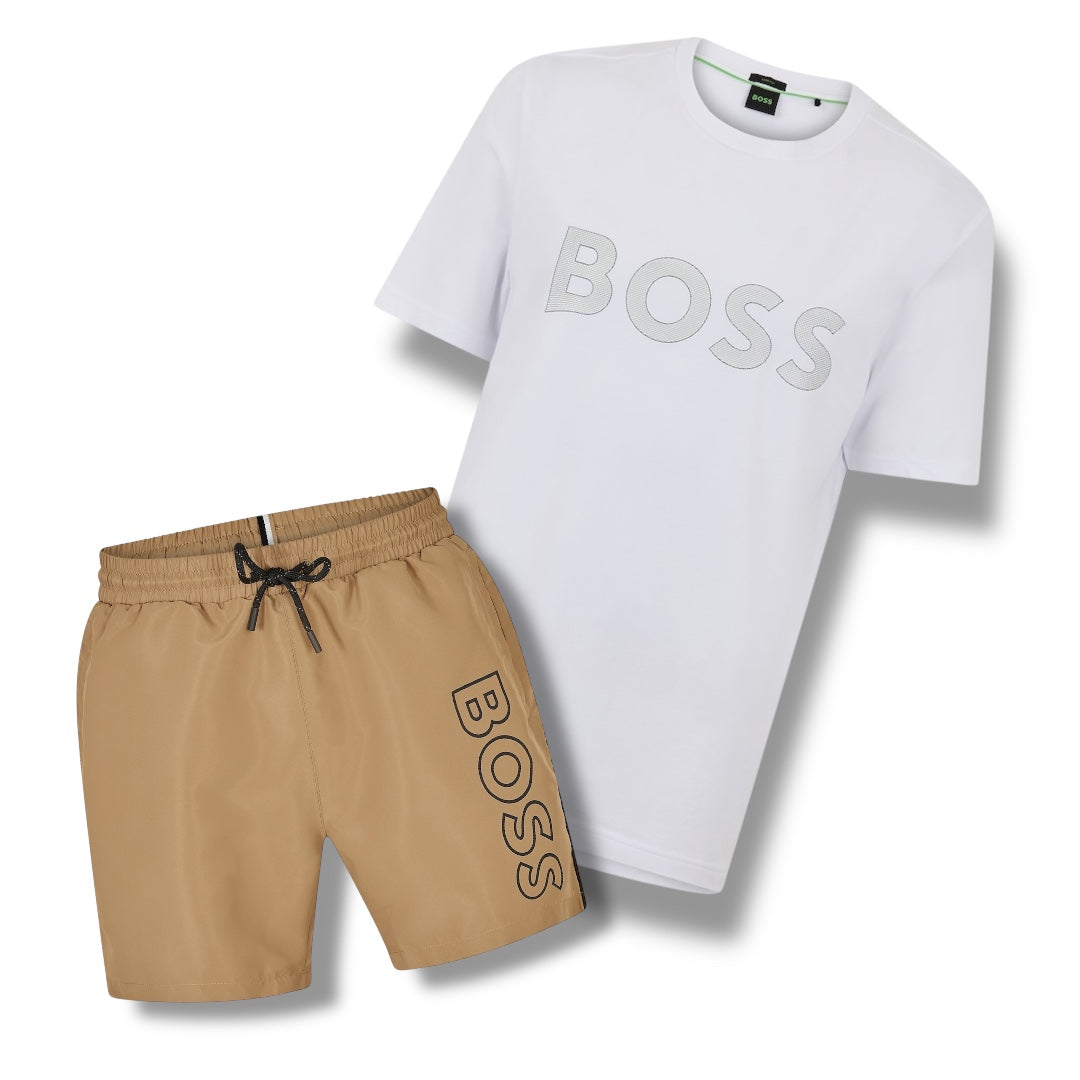 HUGO BOSS CLASSIC LOGO T-SHIRT & SWIM SHORTS SET WHITE & BEIGE