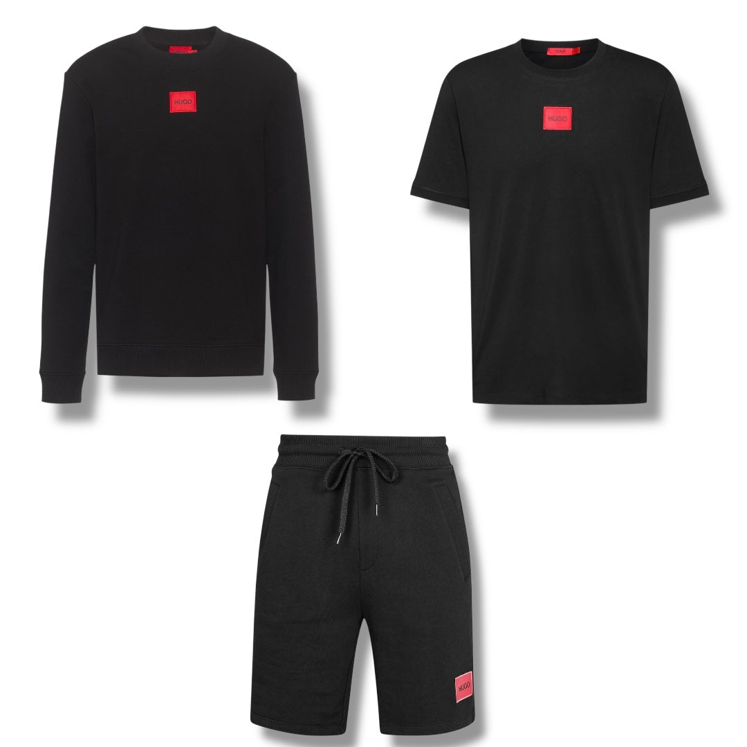 HUGO BOSS HUGO RED PATCH SWEATSHIRT - T-SHIRT & JERSEY SHORTS TRIPLE SET BLACK