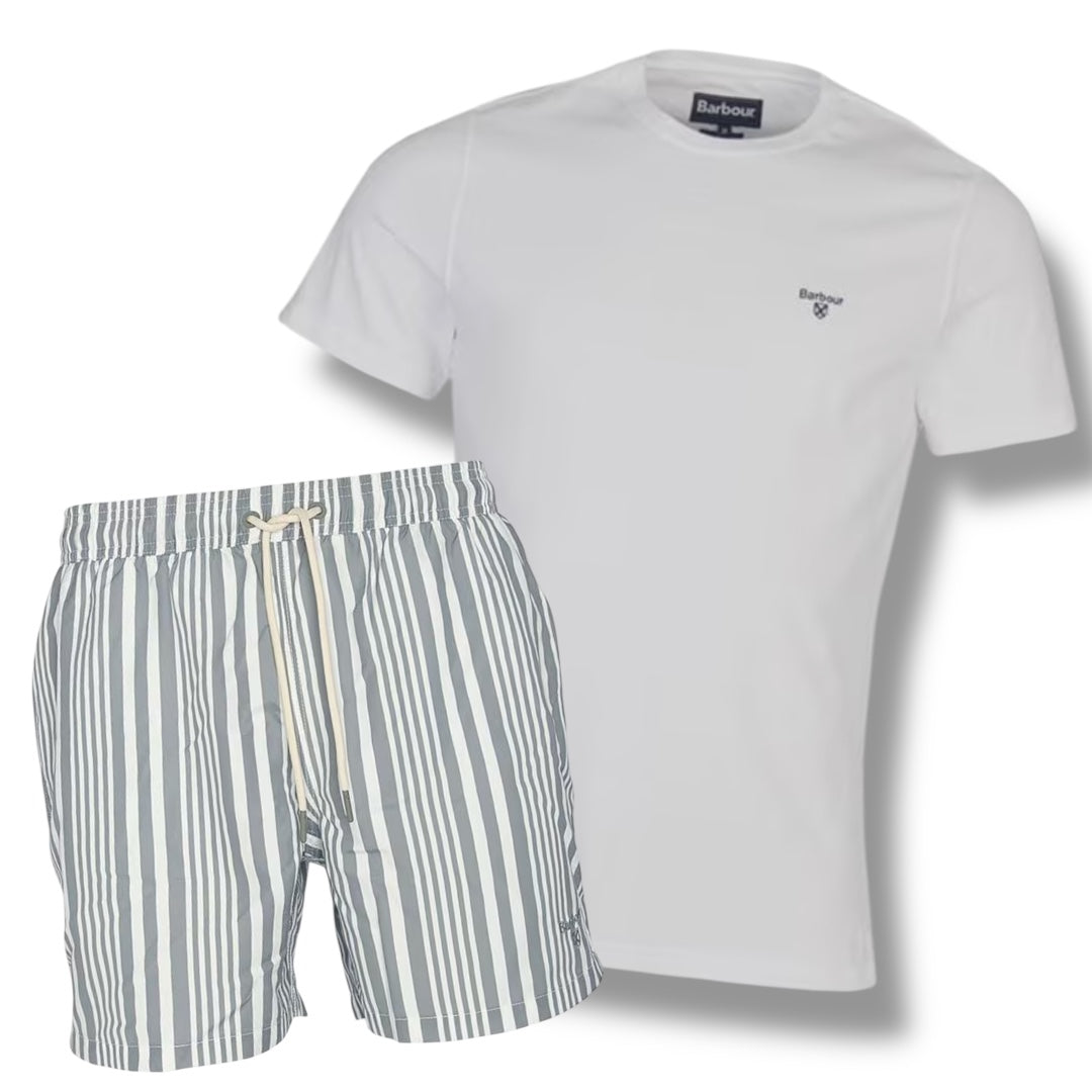 BARBOUR SMALL LOGO T-SHIRT & SWIM SHORTS COMBO WHITE - GREY STRIPE