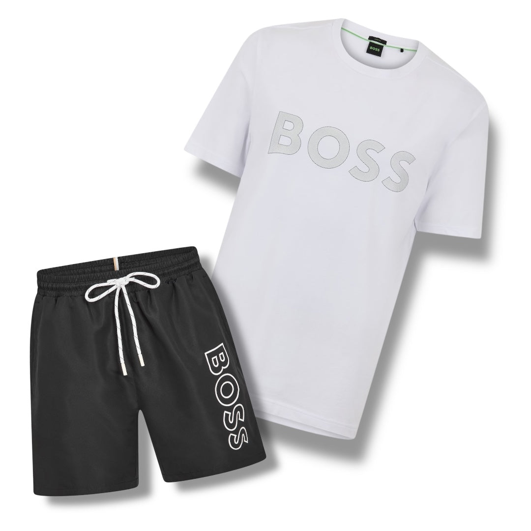 HUGO BOSS CLASSIC LOGO T-SHIRT & SWIM SHORTS SET WHITE & BLACK