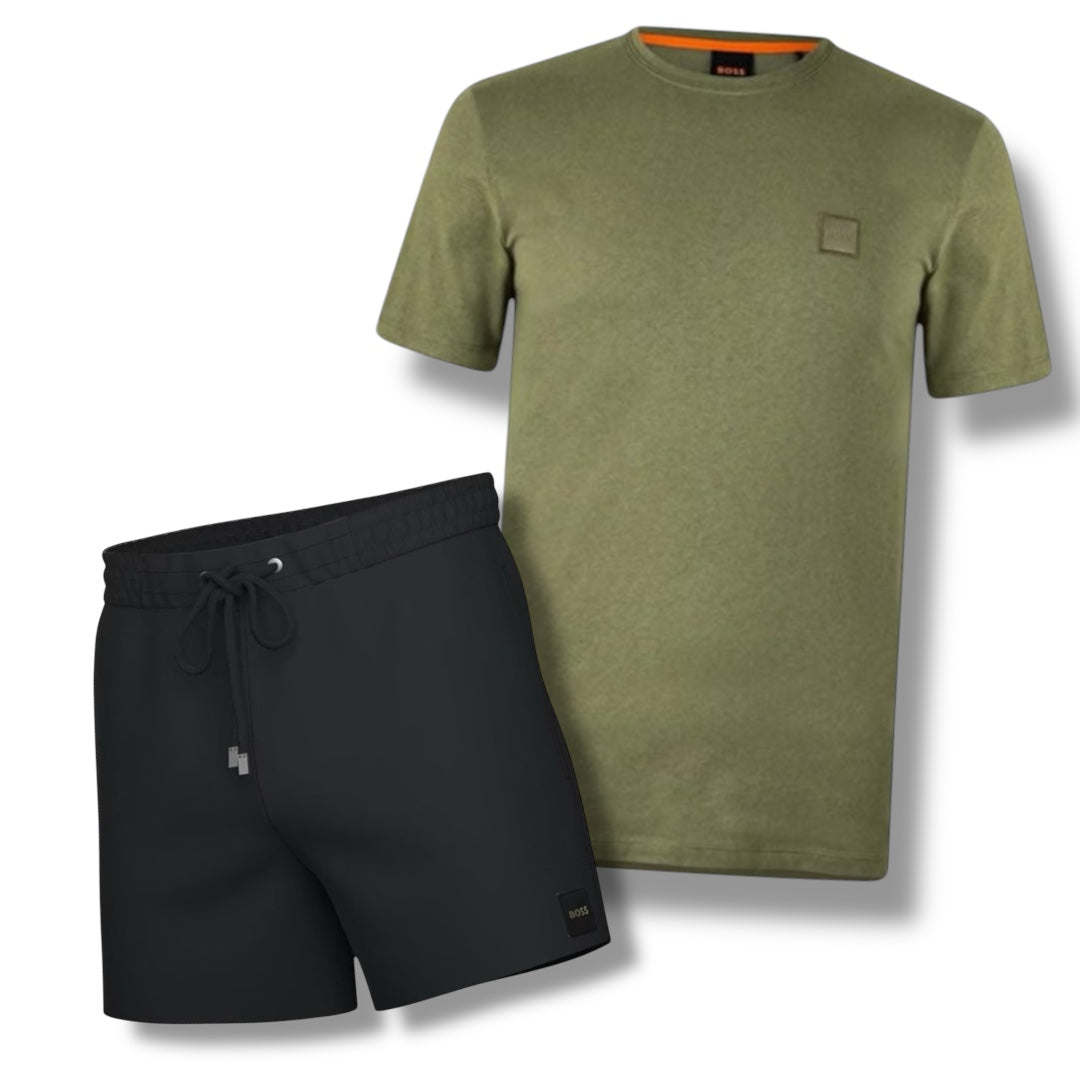 HUGO BOSS PATCH LOGO T-SHIRT & SWIM SHORTS COMBO KHAKI / BLACK