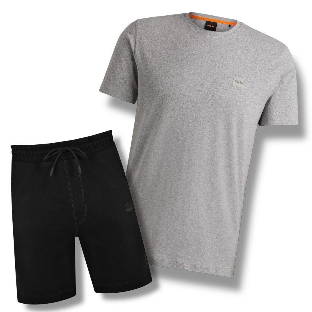 HUGO BOSS PATCH T-SHIRT & JERSEY SHORTS SET LIGHT GREY & BLACK