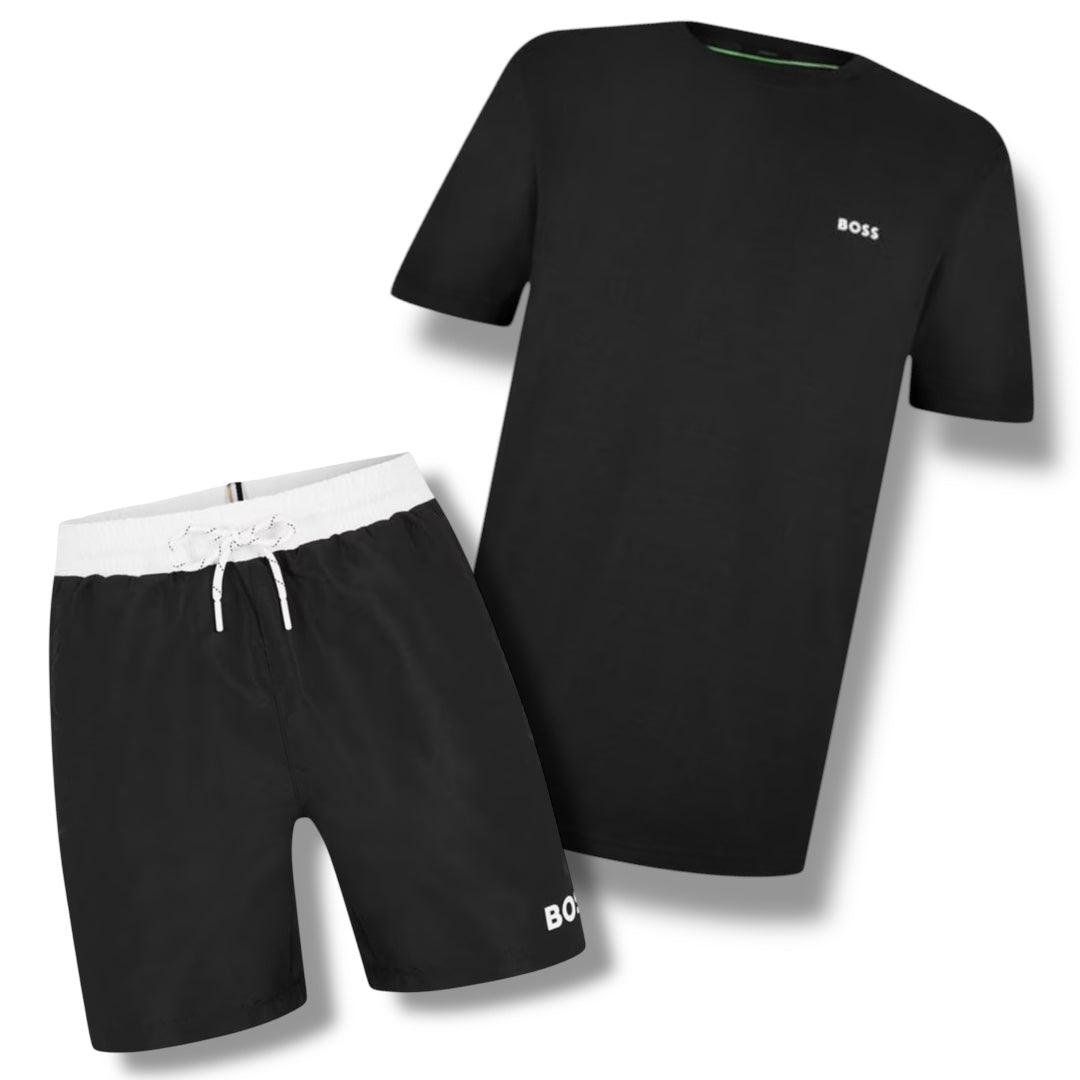 HUGO BOSS SMALL LOGO T-SHIRT & SWIM SHORTS COMBO BLACK