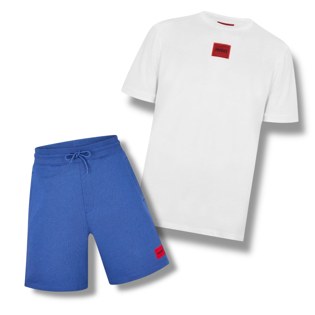 HUGO BOSS HUGO RED PATCH T-SHIRT & JERSEY SHORTS SET WHITE & BLUE
