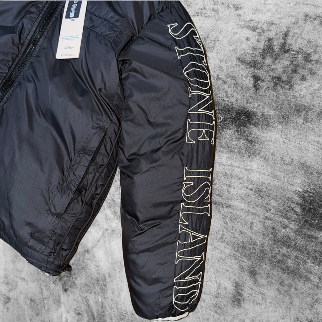 STONE ISLAND NYLON METAL REVERSIBLE HOODED PUFFER JACKET GREY BLACK