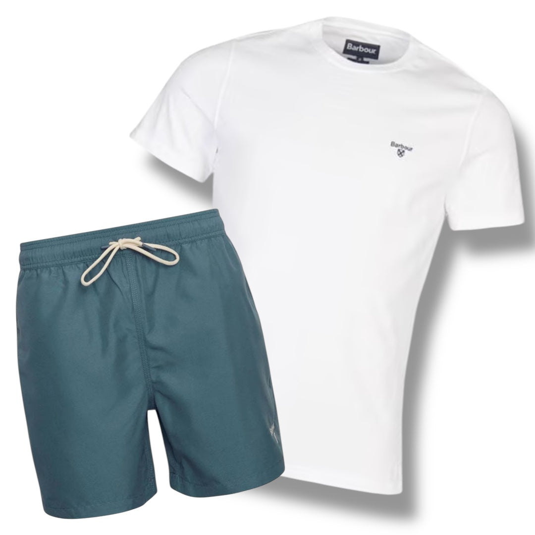 BARBOUR SMALL LOGO T-SHIRT & SWIM SHORTS COMBO WHITE - TEAL
