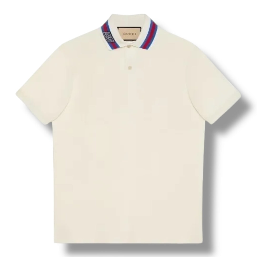 GUCCI STRIPE GG COLLAR POLO SHIRT BEIGE