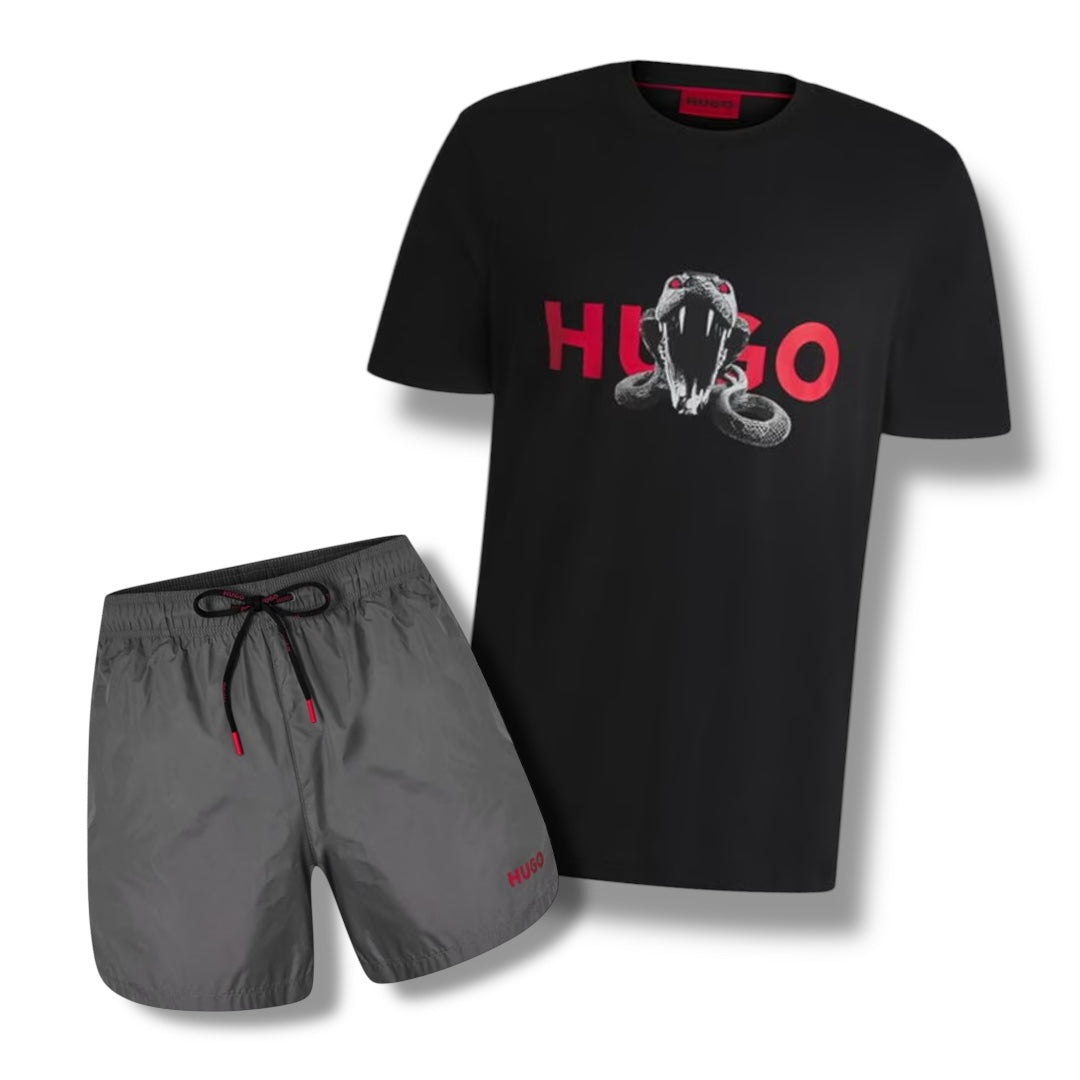 HUGO SNAKE T-SHIRT & SWIM SHORTS COMBO BLACK / GREY