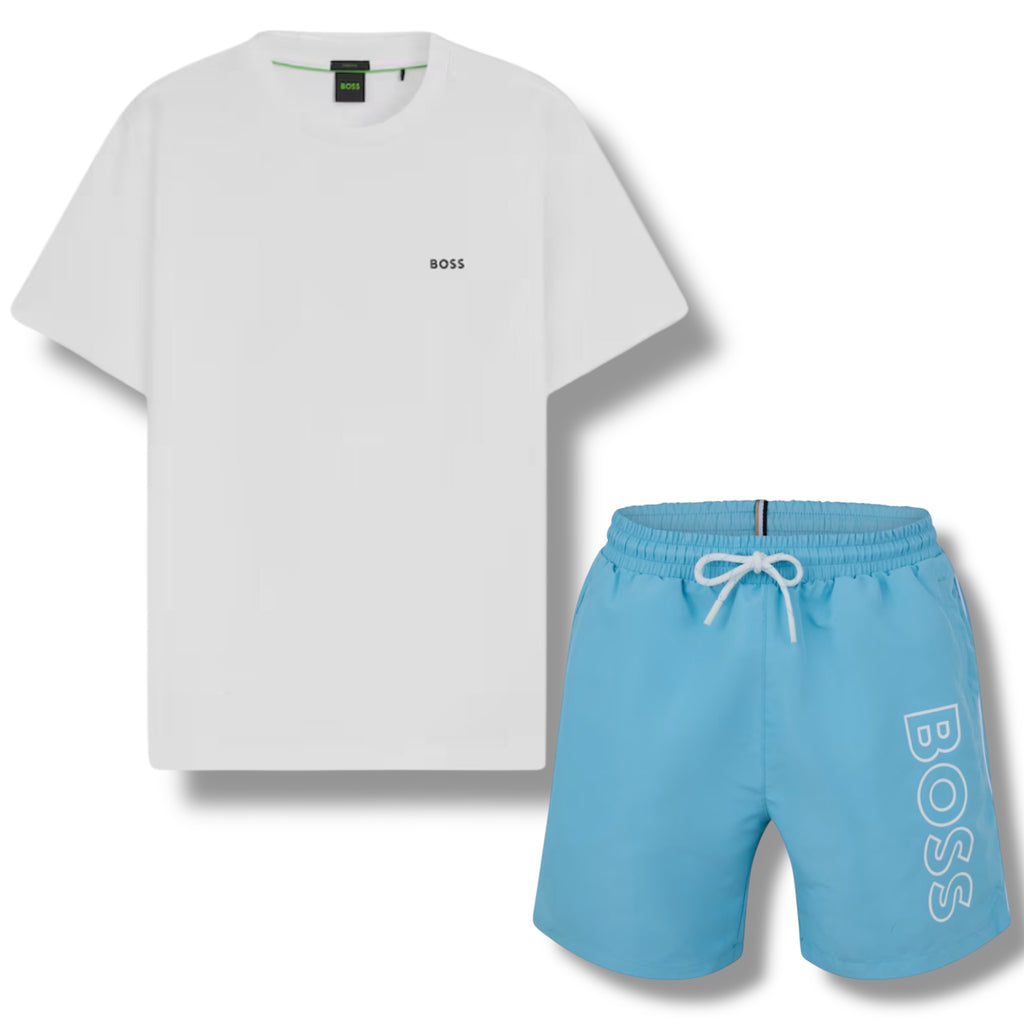 HUGO BOSS SMALL LOGO T-SHIRT & VERTI SWIM SHORTS SET WHITE & AQUA BLUE