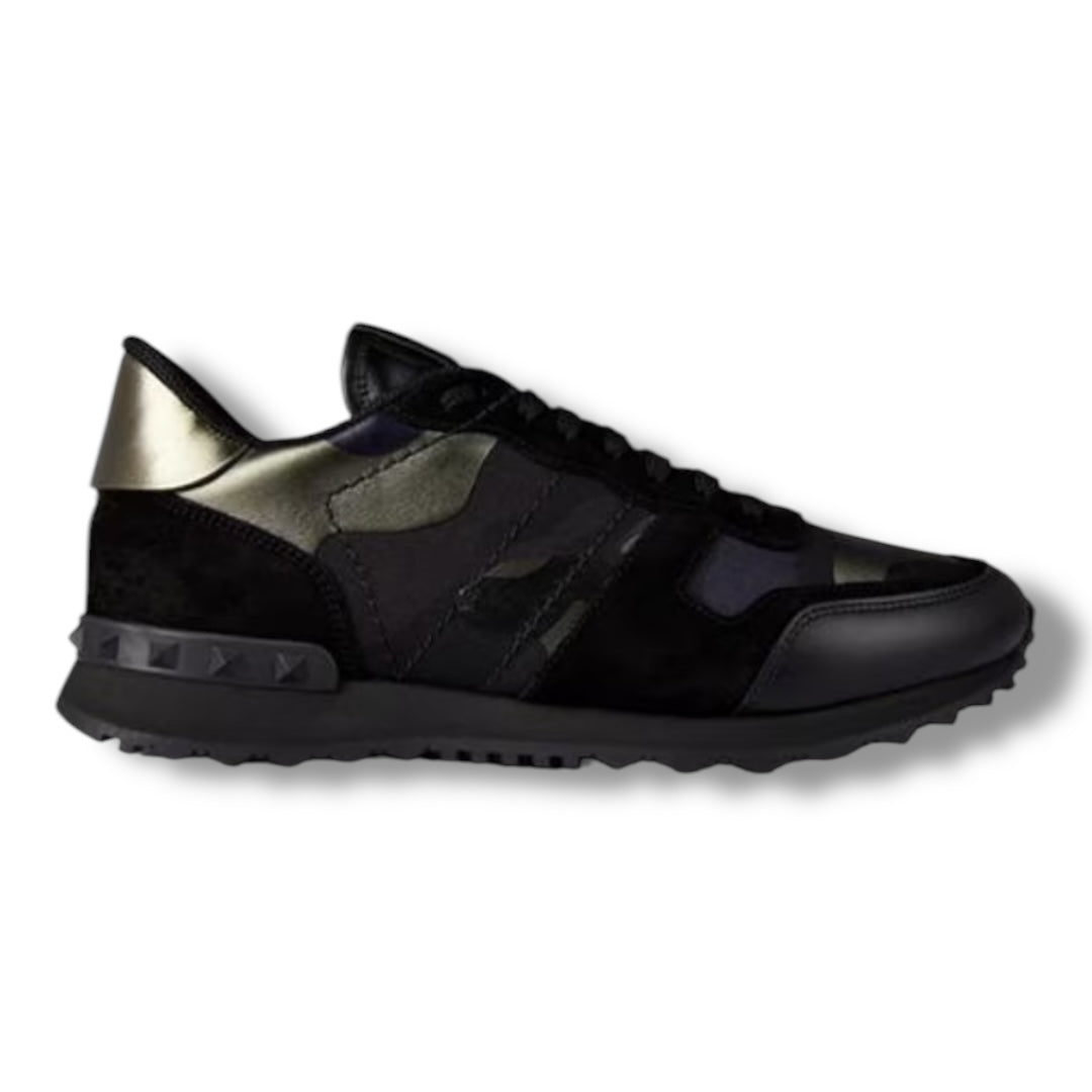 VALENTINO ROCKRUNNER STUD TRAINERS BLACK METALLIC CAMO