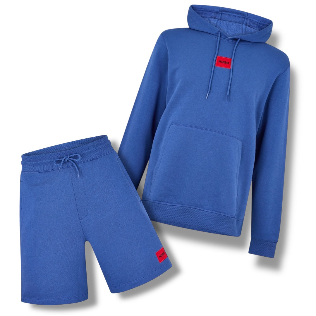 HUGO BOSS HUGO RED PATCH HOODIE & JERSEY SHORTS SET BLUE
