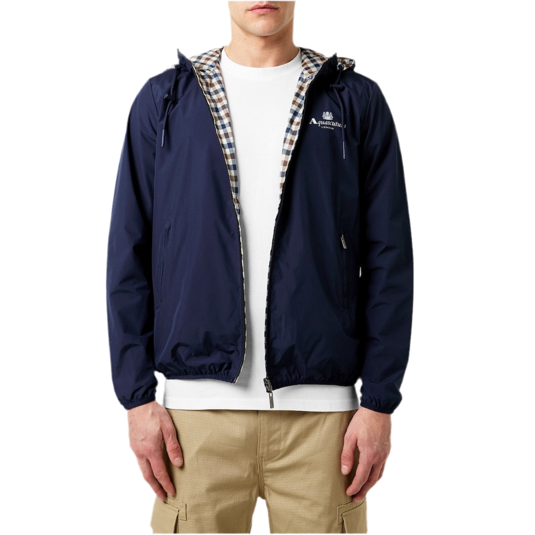 AQUASCUTUM HOODED JACKET REVERSIBLE CHECK ALL OVER NAVY BLUE