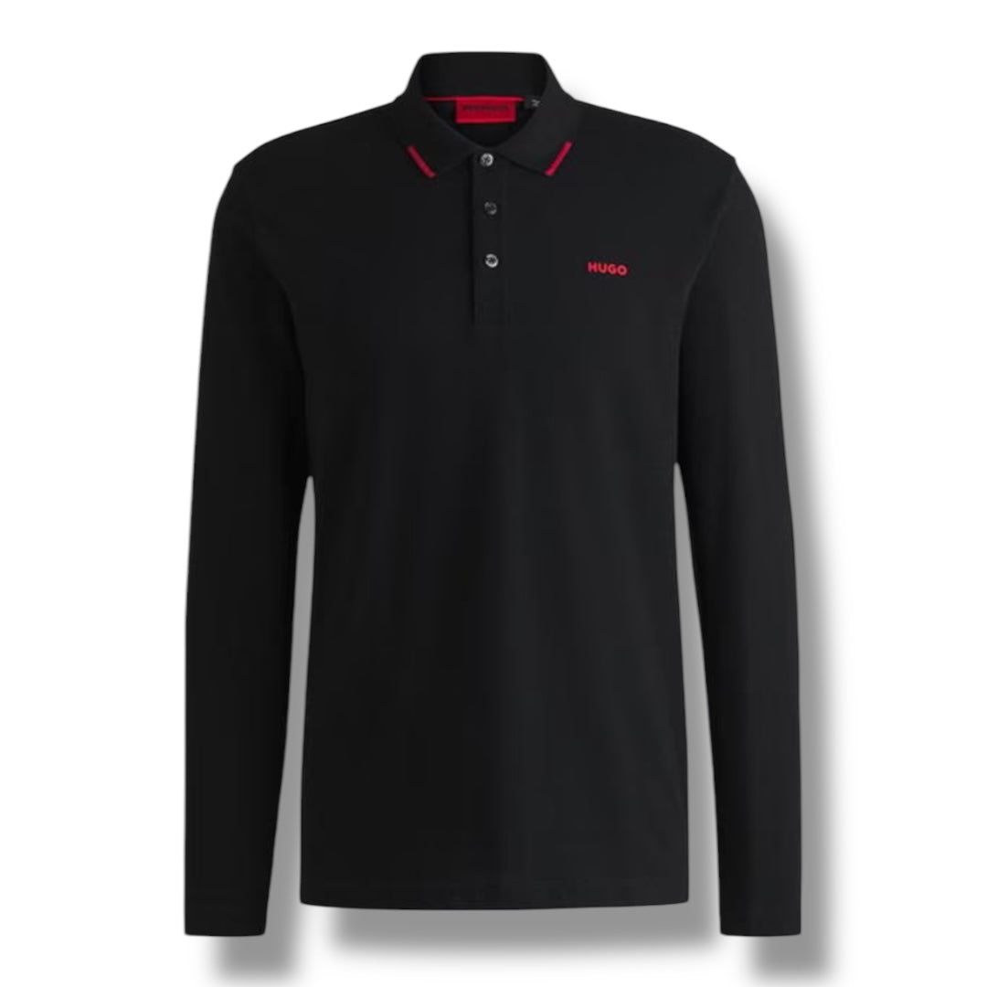 HUGO TEXT LOGO LONG SLEEVED POLO SHIRT BLACK